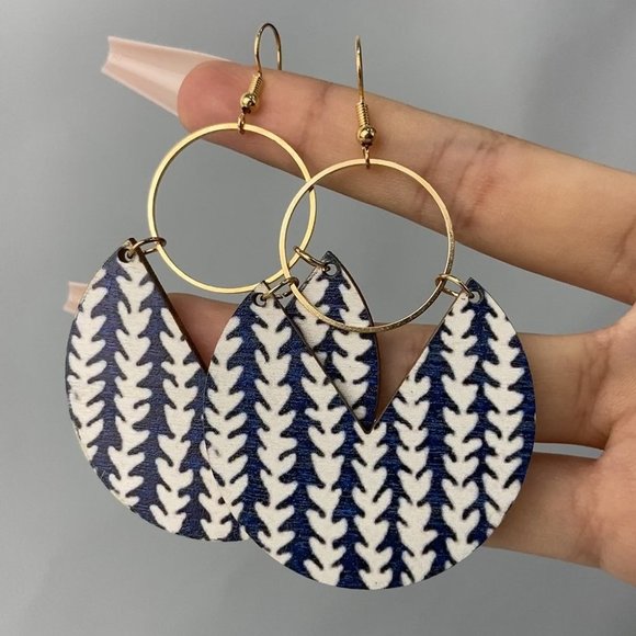 Confident Pineapple Jewelry - Blue White Gold Organic Geometric Coastal Printed Statement Wooden Earrings Boho